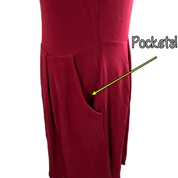Burgundy Choker Collar Drop Waist Tunic Dress Pleated With Pockets Size Small - Picture 6 of 11